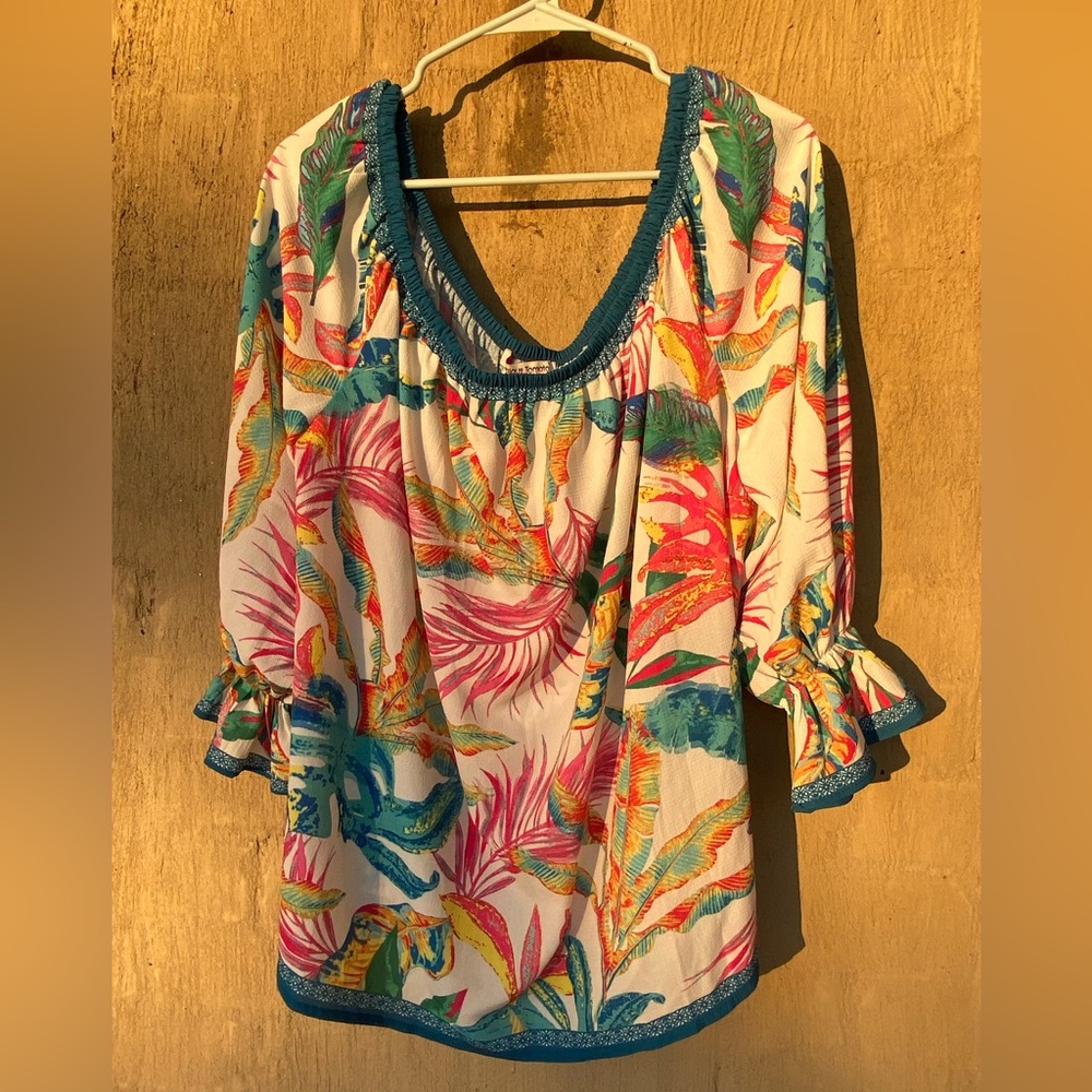 Ladies Jealous Tomato Top Shirt Blouse 1X Tropical GUC Casual Pullover Rayon